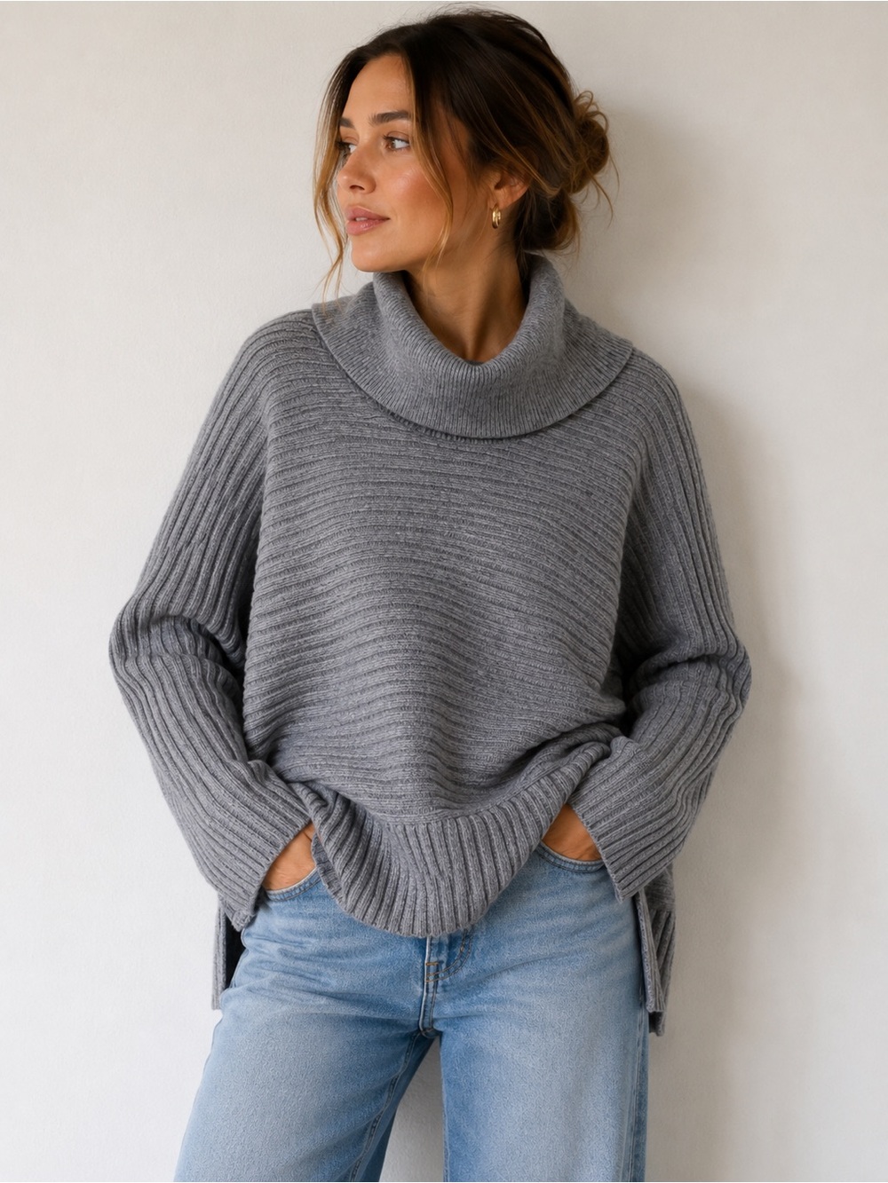 Moth by Anthropologie Gray Ribbed Cowl Neck Sweater Size Large
